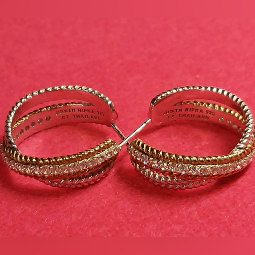 Vtg JUDITH RIPKA Criss Cross CZ Hoop Earrings - Picture 4 of 8